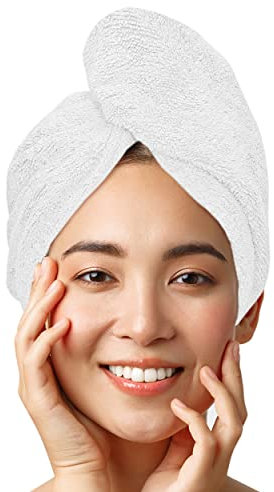 LUXTOGO® Haarturban-Premium Haarhandtuch 100% Baumwolle, Hochwertiges Turban Handtuch mit Knopf und Gummizug, Super Saugfähiges Kopfhandtuch (1 STK Weiß)