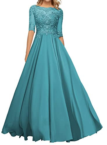 Abendkleid Lang Spitzen Ballkleid für Hochzeit Gast 1/2 Ärmel A-Linie Mutter des Bräutigams Kleider Festliche Partykleid Jade 38