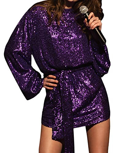 Geagodelia Abito da Cerimonia Donna Elegante con Paillettes Vestito da Sera Elegante Vestio a Maniche Lunghe con Cintura (Viola, L)