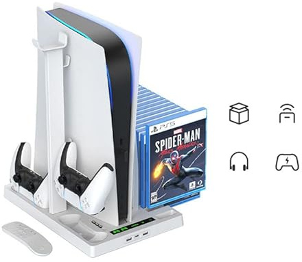 Aokicase PS5 Multifunctional Controller Charging Station with LED, Multifunctional Cooling Base, Dual Charger Docking Station for PS5 with Headset Holder (White, PS5) IV-P5246