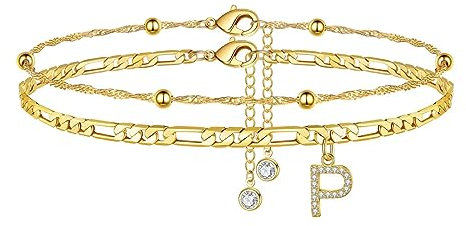 TINGN Fussketten für frauen, Gold Fußkettchen für Damen Fußkette Gold mit CZ Buchstaben P Doppelte Fußketten Verstellbar Sommer Stand Süß Geschenk für Frauen Mädchen Tochter