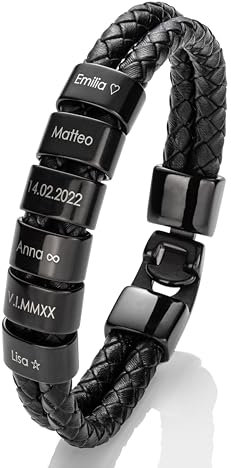 MYCLUSIV® Bracciale da Uomo in Pelle con Incisione Personalizzata – Regalo per Papà – Bracciale Nero in Vera Pelle con Nome