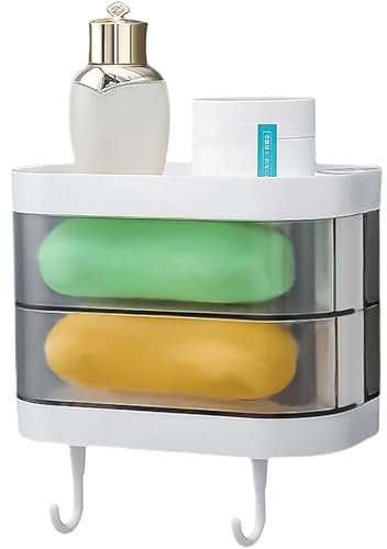 Porte-savon de douche rotatif sans perçage avec crochets, porte-savon mural auto-drainant pour douche, salle de bain, baignoire et évier de cuisine (blanc)