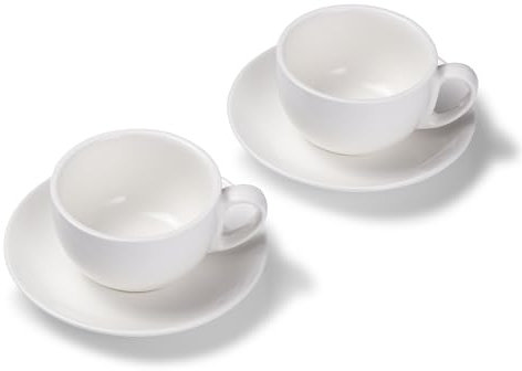 Terra Home 2er Milchkaffee-Tassen Set - Weiß, 350 ml, Glossy, Porzellan, Dickwandig, Spülmaschinenfest, italienisches Design - Kaffee-Tassen Set mit Untertassen