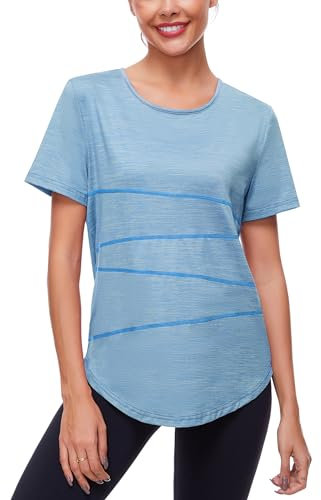 Terecey T Shirts Damen Lang Atmungsaktiv Sport Shirts für Damen Fitness Shirt Mädchen Gym Rundhalsausschnitt Laufshirt Kurzarm für Lässig Laufen Yoga Blau L