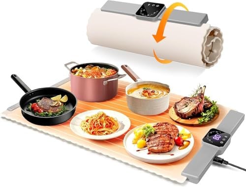 DoubleCare Alfombrilla de calefacción de silicona para alimentos, bandeja de calefacción eléctrica enrollable con 5 ajustes de temperatura y temporizador de 4 horas, tapete portátil de calentamiento