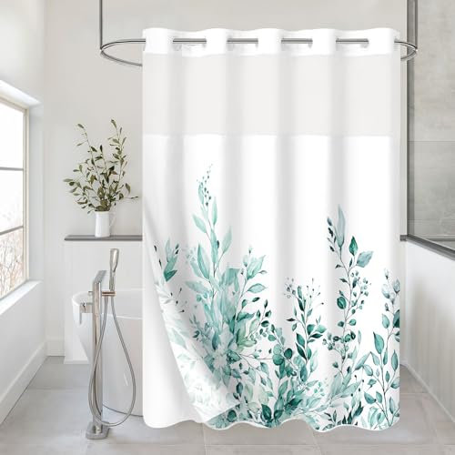 Gibelle Duschvorhang ohne Haken, Eukalyptus, mit Stoffeinsatz, Hotel-Stil, blaugrün, Pflanzenblätter, doppelter Duschvorhang mit durchsichtigem Fenster, wasserdicht und waschbar, 183 x 188 cm