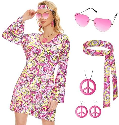 JONRRYIN Hippie Kostüm Damen Set, 60er 70er Kleid Hippie Kleidung Frauen Mädchen Disco Kleider mit Pailletten, Mode Abba Outfit mit 60er Jahre Kostüm Zubehör, Bekleidung Damen für Karneval Party (L)