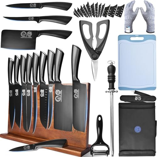 XYJ Juego de cuchillos profesionales para cocineros maestros, hacha de carne para camping, juego de cuchillos de chef con bloque magnético para cuchillos, bolsa, juego de herramientas de acero