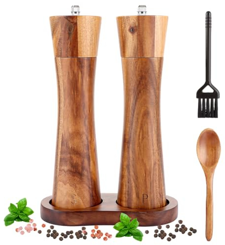 Oungy Salz und Pfeffermühle Set Holz 21cm Pfeffermühle Groß mit Keramikmahlwerk Grinder Salt and Pepper Grinder Pfeffer und Salzmühle Gewürzmühle Set in edler Geschenke Box