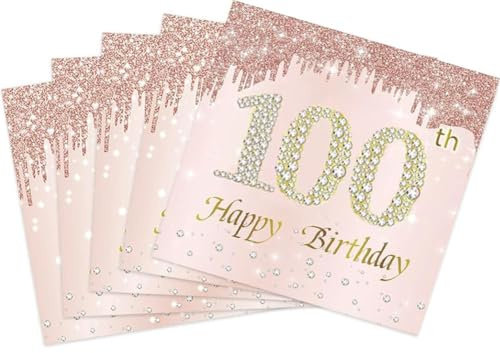 Muplaya Servietten zum 100. Geburtstag, Roségold, 100 Jahre alt, Geburtstagsdekorationen für Frauen, Geburtstag, Hochzeit, Jahrestag, Partyzubehör, 2-lagig, 40 Stück