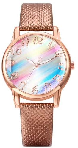 JewelryWe Damenuhr Regenbogen Leder Uhr: Braun Damen Preppy Boho Analog Quarz Armbanduhr Frauen Lässige Uhr mit PU Lackleder Armband und farbigem Regenbogen Zifferblatt