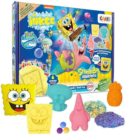 INKEE Geschenkbox SPONGE BOB Badeset Kinder - 7 Badezusätze für Kinder, SpongeBob Schwammkopf Badekugeln & Badesalz Kinder mit Avocado Öl + Accessoire