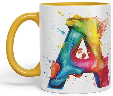 Vixar Letter A Mug, Alphabet Letter A Monogram Watercolour Ceramic Coloured Mug Cup for Tea Coffee Hot Brew 330ml 11Oz Gift (G Yellow)