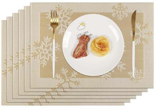 Famibay Platzsets Abwaschbar 6er Set Platzdeckchen Weihnachten Gold Tischsets Hitzebeständig rutschfest Platzdeckchen Vinyl PVC Platzmatten Weihnachten für Küche Zuhause Speisetisch Hotel