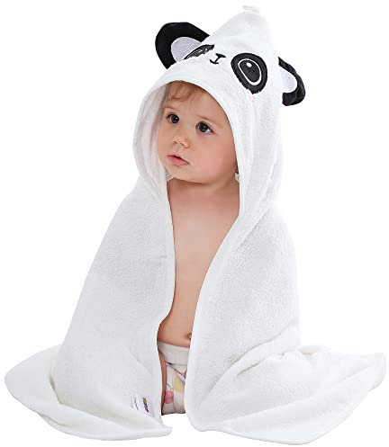 HAHASHOW Junge Mädchen Bambus Viskose Kapuze Badetuch, Handtuch Mit Niedlichem Tierdesign, Große Und Saugfähige Kleinkindhandtücher Für Neugeborenes,Weiß Panda Säugling 75 * 100 cm.