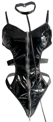 KUAIQI Dessous Sexy Set, Lederkleid Damen Schwarz Kurz Große, Offener Schritt Lack Leder für Sex Erotische Unterwäsche Set, Sexy Strapsen, Mit Reißverschluss