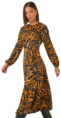 Roman Originals Geometric Print Midi Dress for Women UK - Ladies Everyday Autumn Winter Round Neckline Comfy Soft Evening Vacation Work Party Night Out