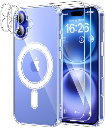 YNMEacc 5 in 1 Magnetic for iPhone 16 Case 6.1-Inch with 2X Screen Protector + 2 Lens Protector, [Compatible with MagSafe] Slim Soft TPU Silicone Shockproof Anti-Scratch Phone Cover - Clear