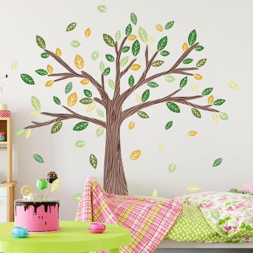 Sticker mural motif grand arbre avec feuilles colorées 94 x 86 cm