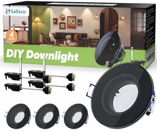 sailsco 4er Set Einbaustrahler-Rahmen IP44 GU10 Aluminium Spots mit Glasfront, Flacher Decken Einbaulampe für 68-80mm Ausschnitt, Spritzwassergeschützt für Badezimmer, Küche, Schwarz