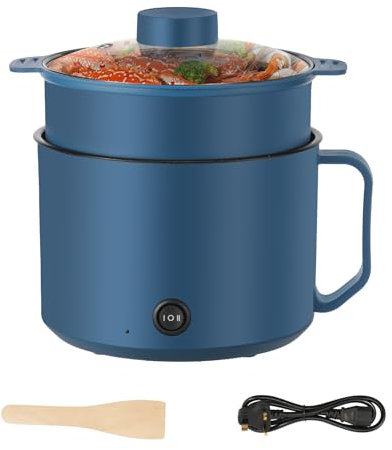 Electric Hot Pot with Steamer and Wooden Shovel, 1.8L Non Stick Ramen Cooker, 2 Gear Rapid Noodles Cooker with Overheat Boil Dry Protection for Pasta Dumpling Soup Steak(Dark Blue)