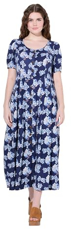 Ulla Popken Damen große Größen Übergrößen Plus Size Leinenmix-Maxikleid, Rundhals, Halbarm, Taschen Marine 58+ 839987130-58+