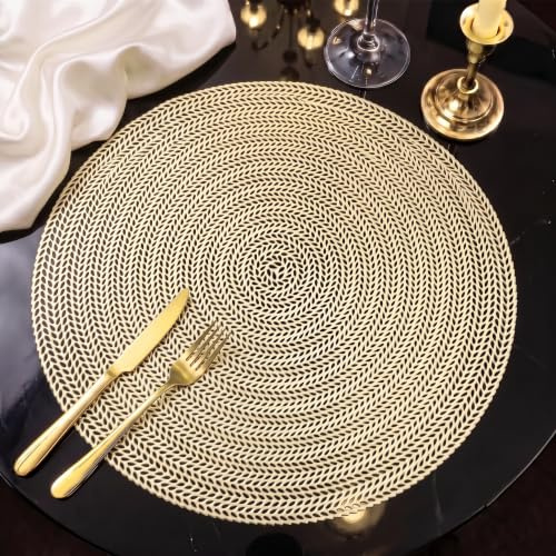 FAVE 6er Set Gold Runde Platzset, Weizenbündel-Design (38 cm) | Hitzebeständig, leicht zu reinigen, elegantes Tischdeko, Platzsets Abwaschbar für Events, Zuhause & täglicher Gebrauch