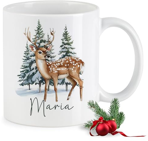 GRAZDesign Personalisierte Weihnachtstasse Reh mit Namen Winter Becher Keramik 330ml - Reh