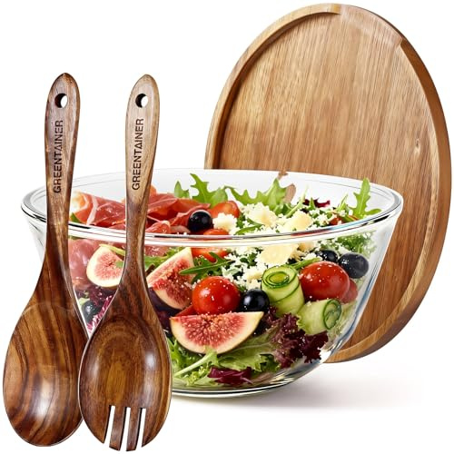 Greentainer Glass Salad Bowl with Wood Lid as Cheese Charcuterie Board and Plate, Large Serving Bowl & Storage Bowl Sets with Wood Utensils - Dishwasher Safe, 4.5L