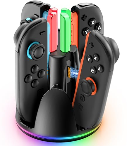 Station de Charge pour Manettes Switch 2, Chargeur Rapide pour 4 Joy-Con Switch 2, Support de Recharge avec 9 Effets Lumineux RGB et Indicateur LED, Socle de Charge pour Manettes Nintendo 2