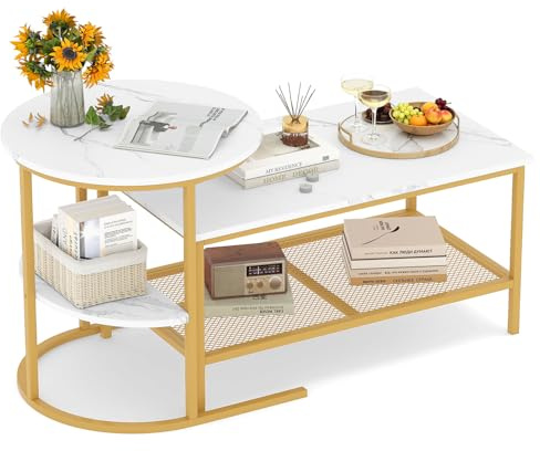 COSTWAY Tables Basses Gigognes Lot de 2, Table Gigogne Design Marbre, Cadre en Métal Doré, Table Basse Salon Rectangulaire, Table d'Appoint Ronde pour Canapé, Salon, Chambre (Blanc doré)