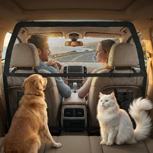 Rejilla para perros para asiento trasero y maletero, 107 x 127 cm, rejilla separadora para coche con red transparente reforzada y marco de metal estable, barrera de separación para perros, ajuste