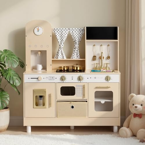 VEVOR Cocina de Juguete para Niños de 3 a 8 Años, Cocinita Infantil de Madera con Luces y Sonidos, Áreas Interactivas, Accesorios, Microondas, Máquina de Hielo, Juego de Cocina con Almacenamiento