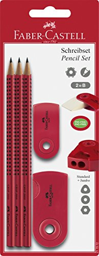 Faber-Castell 217072, Bleistiftset Sleeve 2001, mit 3 Bleistifte, 1 Radierer, 1 Spitzer Farbe: Rot