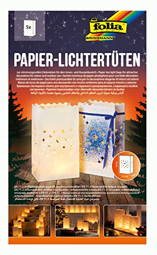 folia 11907 - Lichtertüten aus schwer entflammbarem Papier, Funkelsterne, 5 Stück, ca. 19 x 11,5 x 7 cm, stimmungsvolle Tischdekoration im Advent und zu Weihnachten