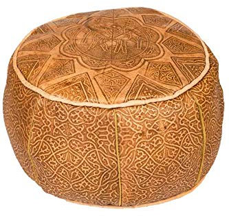 Orientalischer runder Pouf aus Leder ø 40cm Rund 25cm Hoch inklusive Füllung | Marokkanisches Sitzkissen Sitzpouf Kissen Abrar Braun | Marokkanischer Hocker Sitzhocker Fusshocker