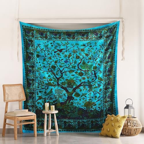 Hippie Kaleidoscopic Tree Of Life Filigrane Blumenmuster indische Bedspread Tapestry 84x90 Zoll, (215cmsx230cms) Türkis