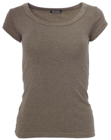 Easy Young Fashion - Damen Basic Rundhals T-Shirt - Kurzarm Unterziehshirt Skinny Fit 1001 - Braun Meliert L