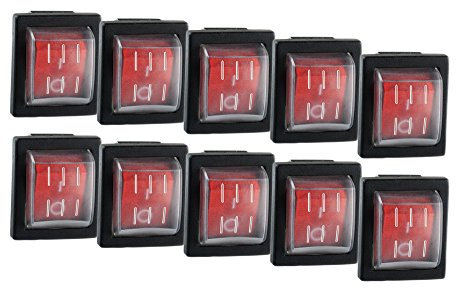 10x Wippschalter eckig rot beleuchtet 2-polig 250V 16A 30x22mm und 10x Schutzkappe
