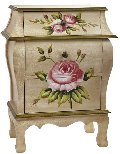 Nearly Natural Antique Night Stand w/Floral Art Nightstand, Beige/Pink/Gold,23 x 14.5 x 34.5