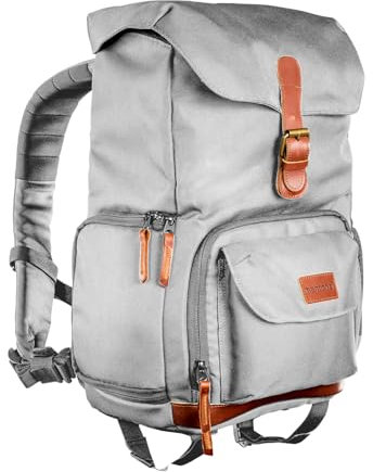 Mantona Luis junior Retro Fotorucksack grau mit Leder, Kamerarucksack inkl. Regenschutzhülle, Fototasche mit Laptopfach, Backpack geeignet für 1 x DSLR-Kamera, 1-2 Objektive und diverses Fotozubehör