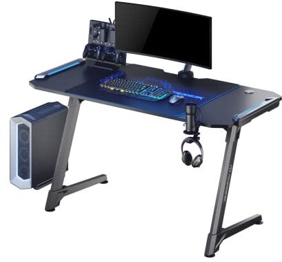 ULTRADESK Space XXL – Computertisch Gaming-Schreibtisch Tisch mit LED-Leuchten – Breiter karbonbeschichteter Tisch für Gamer – Gaming-Station mit Kopfhörerhaken Kabelablage XXL-Mauspad – Blau
