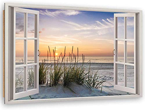 Feeby - Wandbilder Wohnzimmer 60x40 cm, Deko Paneel Bilder, Bilder für Schlafzimmer, Echter Gemalter Effekt, Moderne Wanddeko, Gemälde - Fensterblick Meer, Strand, Sonnenuntergang - Beige