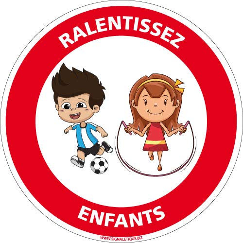 Signalétique.biz France - Panneau - Ralentissez Enfants - Diamètre 350 mm - Plastique rigide PVC 1,5 mm - Protection Anti-UV
