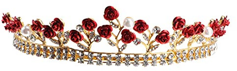 Lurrose Wedding Crown Red Rose Tiaras Retro Baroque Pearl Rhinestone Crown for Bride Women Girls