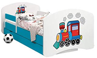 HappyBabies - Doppelseitiges Kinderbett MIT SCHUBLADE Modernes Design mit sicheren Kanten und Absturzsicherung Schaumstoffmatratze 7 cm Blau (Lokomotive, 180x90)