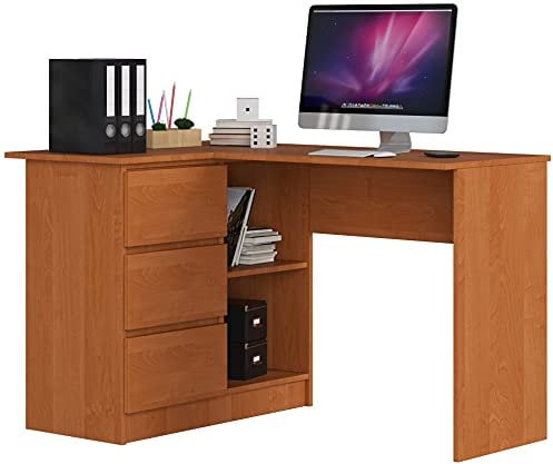 AKORD Eck-Schreibtisch B-16 mit 3 Schubladen und 2 Ablagen | Schreibtisch | ecktisch | Eck Schreibtisch für Home Office | Einfache Montage | B124 x H77 x T85, 48 kg Erle