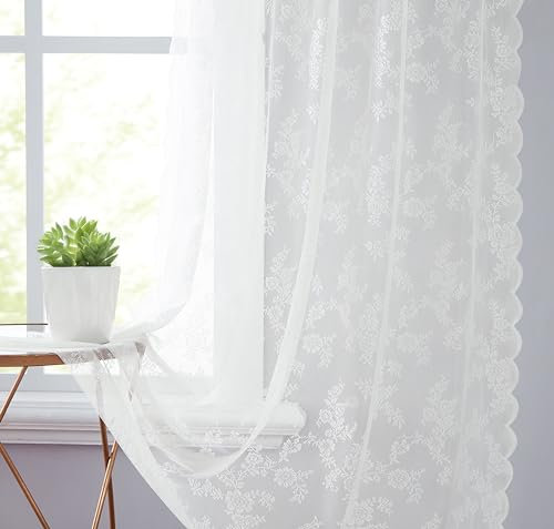 Lotusolution Tende in pizzo bianco per camera da letto 241,3 cm di lunghezza, vintage, con ricami floreali francesi, velate resistenti, in tessuto con occhielli nella parte superiore, tende per