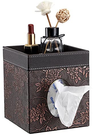 SUMNACON Quadratische Taschentuchbox aus PU-Leder, Würfelhalter, Haushaltstücherbox mit oberem Schmucktablett für Servietten, Gesichtstücher (Vintage-Muster)